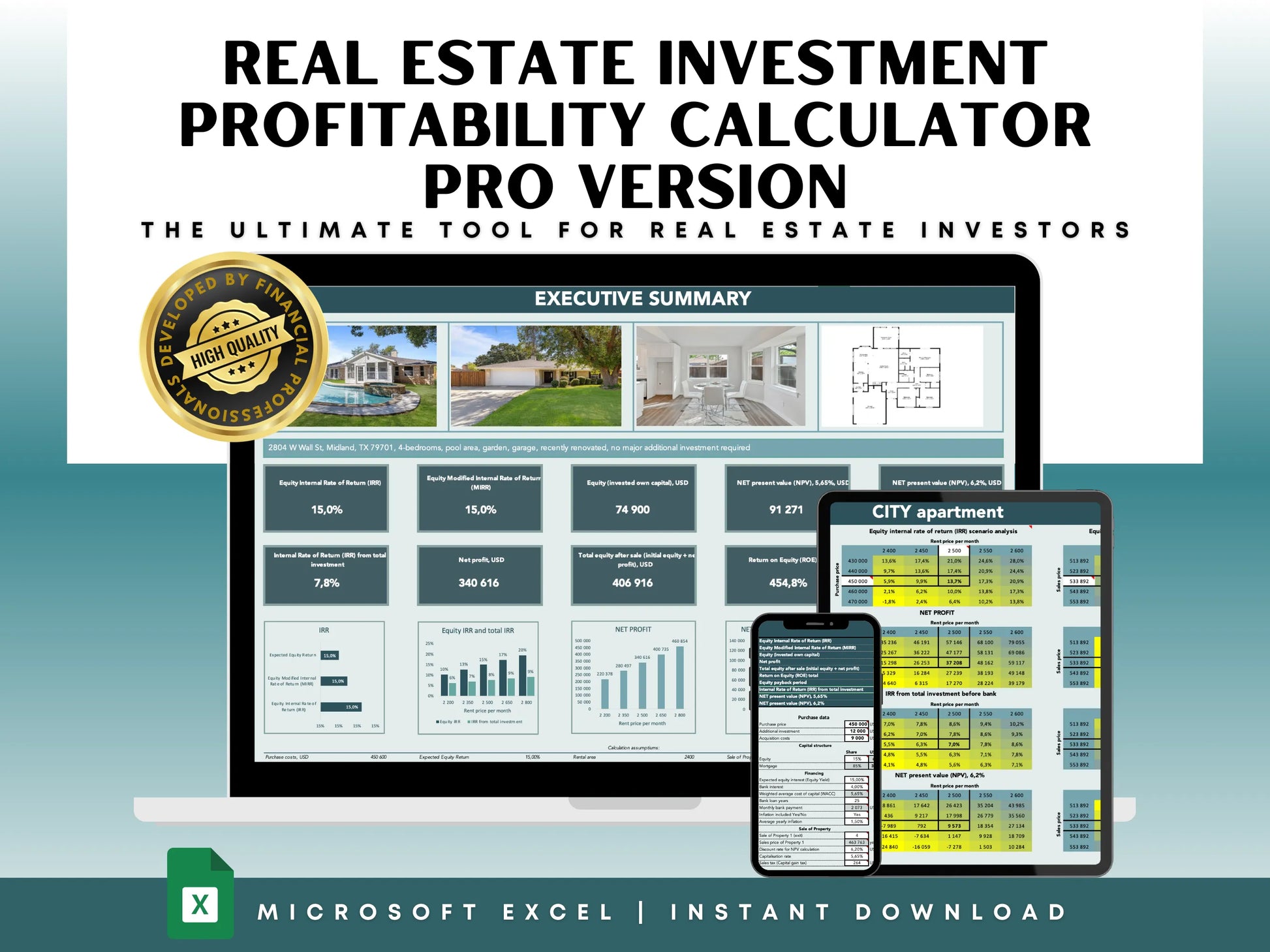 Real estate investment profitability calculator pro version with detailed executive summary, ROI, ROE metrics, MIRR, NPV, IRR, and comparison dashboard ready for print and analysis.