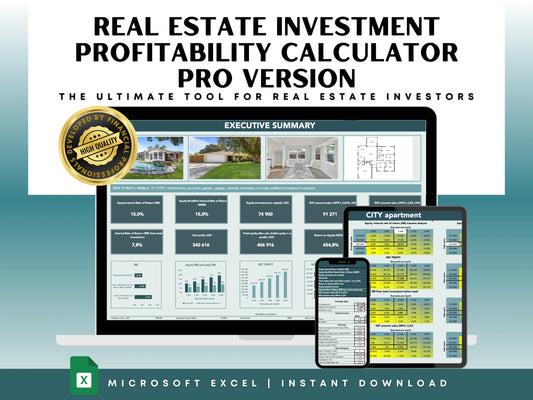 Real estate investment profitability calculator pro version with detailed executive summary, ROI, ROE metrics, MIRR, NPV, IRR, and comparison dashboard ready for print and analysis.