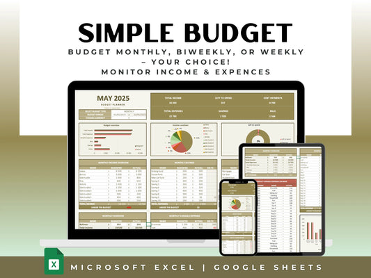 Simple budget planner for Excel and Google Sheets with customizable layout and automatic calculations. Weekly, bi-weekly and monthly budget planner.