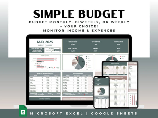 Simple budget planner for Excel and Google Sheets with customizable layout and automatic calculations. Weekly, bi-weekly and monthly budget planner.