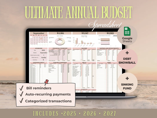 Annual budget in Google sheets for 2026, 2027 spreadsheet with Debt Snowball and Sinking Fund.