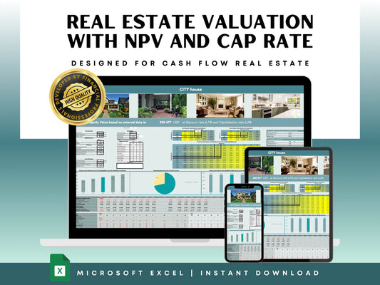 Real estate valuation calculator interface showing instant property analysis with inputs for NPV, WACC, cash flow projections, and Cap Rate. The tool features a user-friendly design with customizable assumptions for accurate and quick property value estimation.