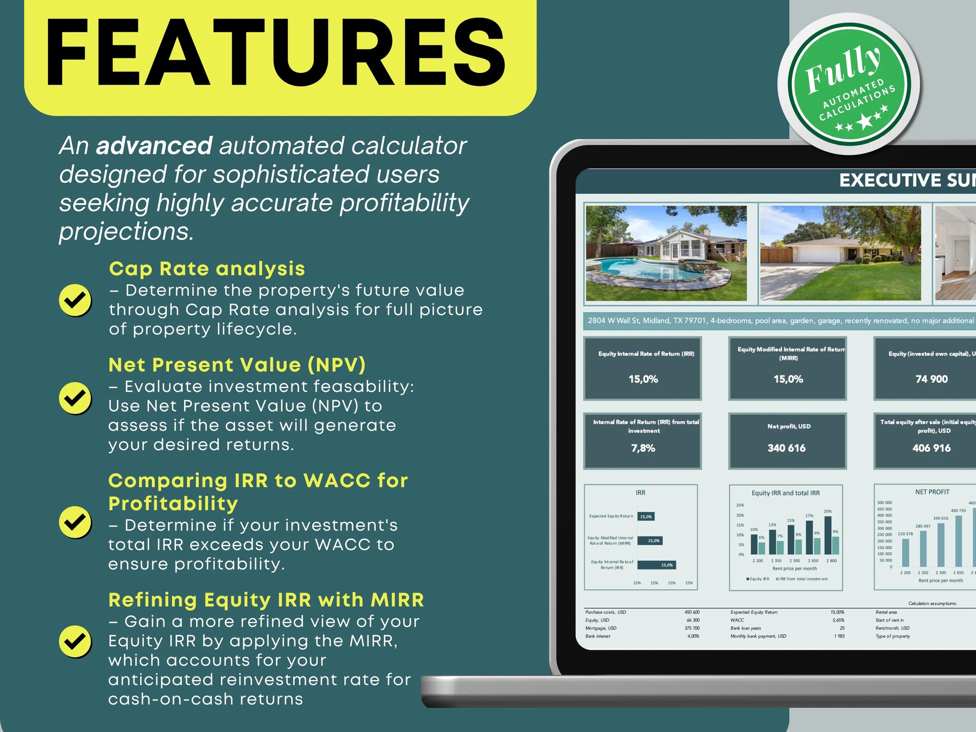 Real estate calculator features including Cap Rate analysis, NPV for investment feasibility, IRR vs WACC profitability comparison, and refined MIRR-based equity IRR evaluation.