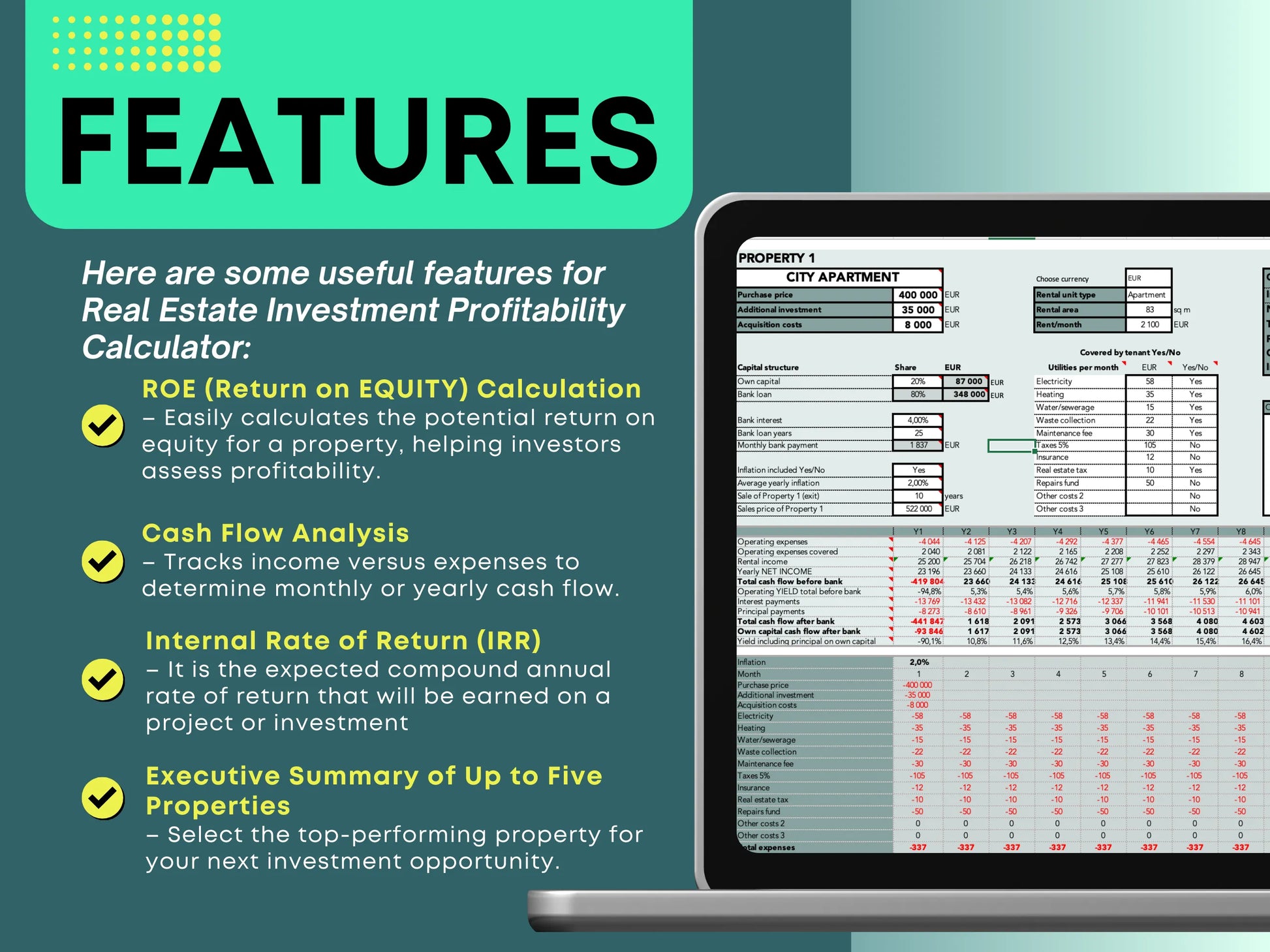 Real estate investment calculator dashboard comparing 5 properties with ROE, IRR, cash-on-cash return, and net cash flow insights.