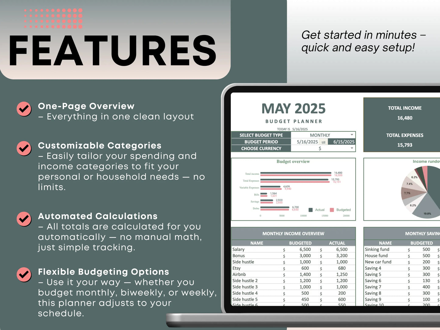 Track monthly, weekly, or bi-weekly budgets with auto-calculations and clear spending summaries.