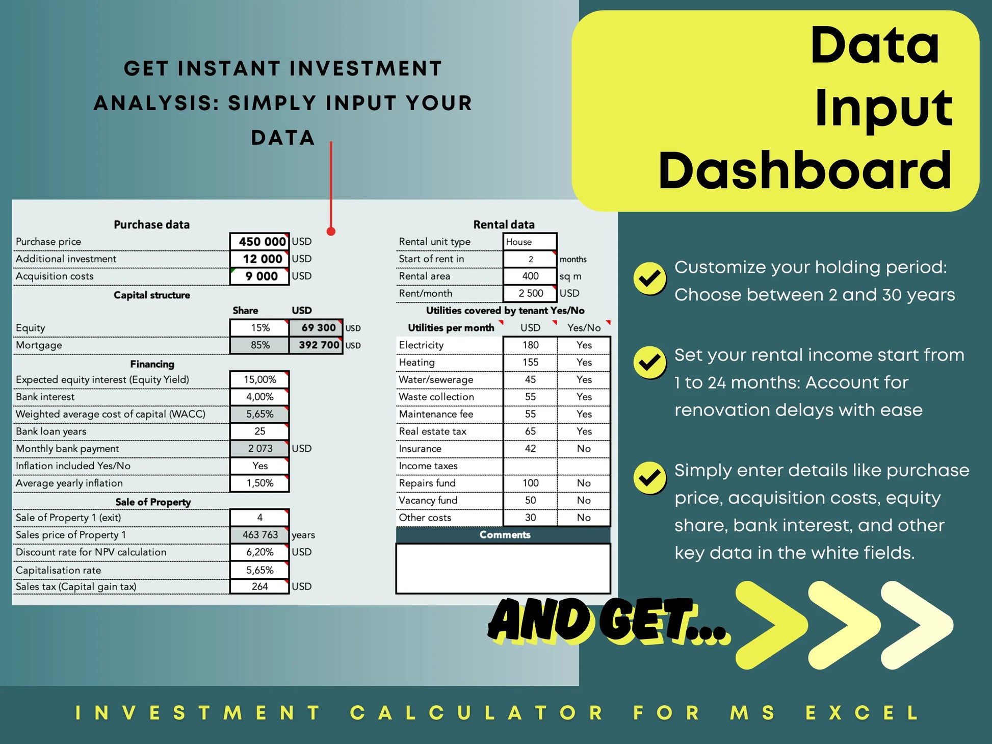 Real estate investment data input dashboard – easily enter your property details, rental income, expenses, and financing terms to generate automatic IRR, NPV, and profitability analysis.