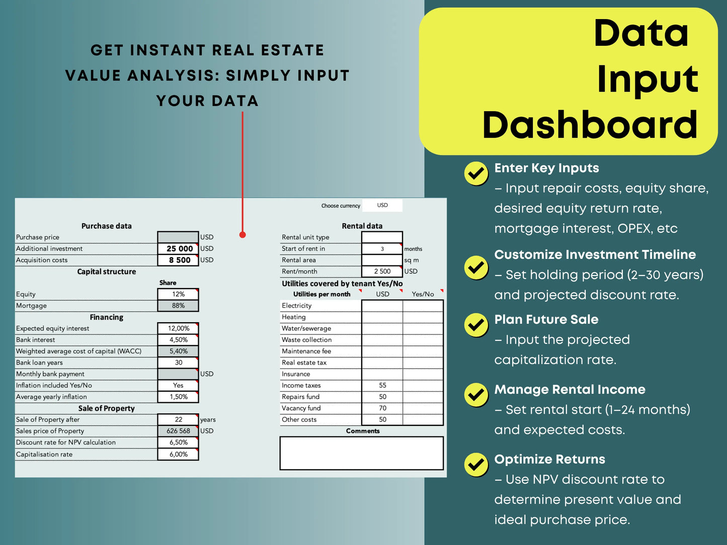 Real estate valuation data input dashboard with editable white cells for entering purchase details, income, expenses, and financial assumptions.
