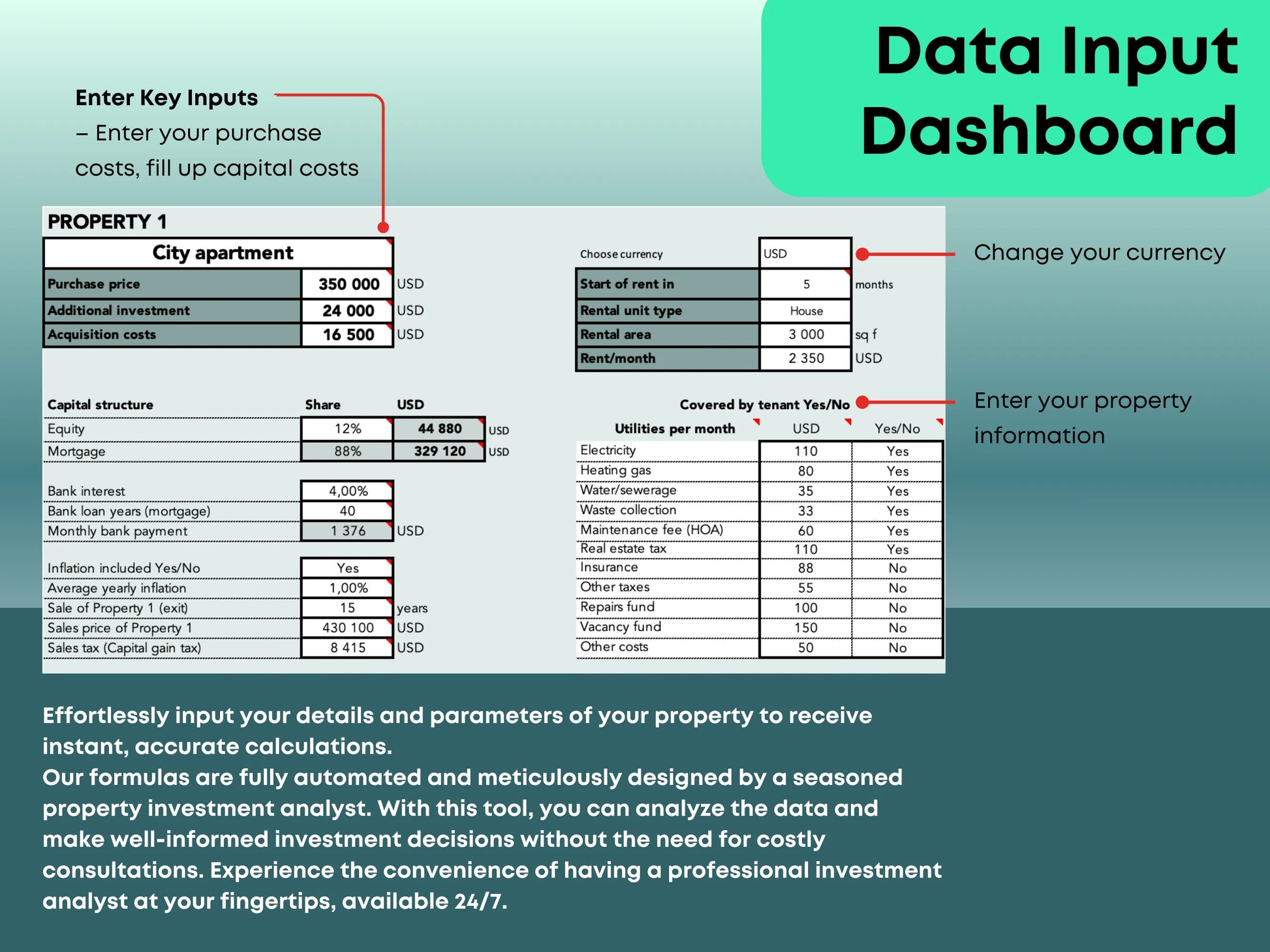 User-friendly data input dashboard for real estate investment calculator—enter key property details to generate instant financial insights and comparisons.