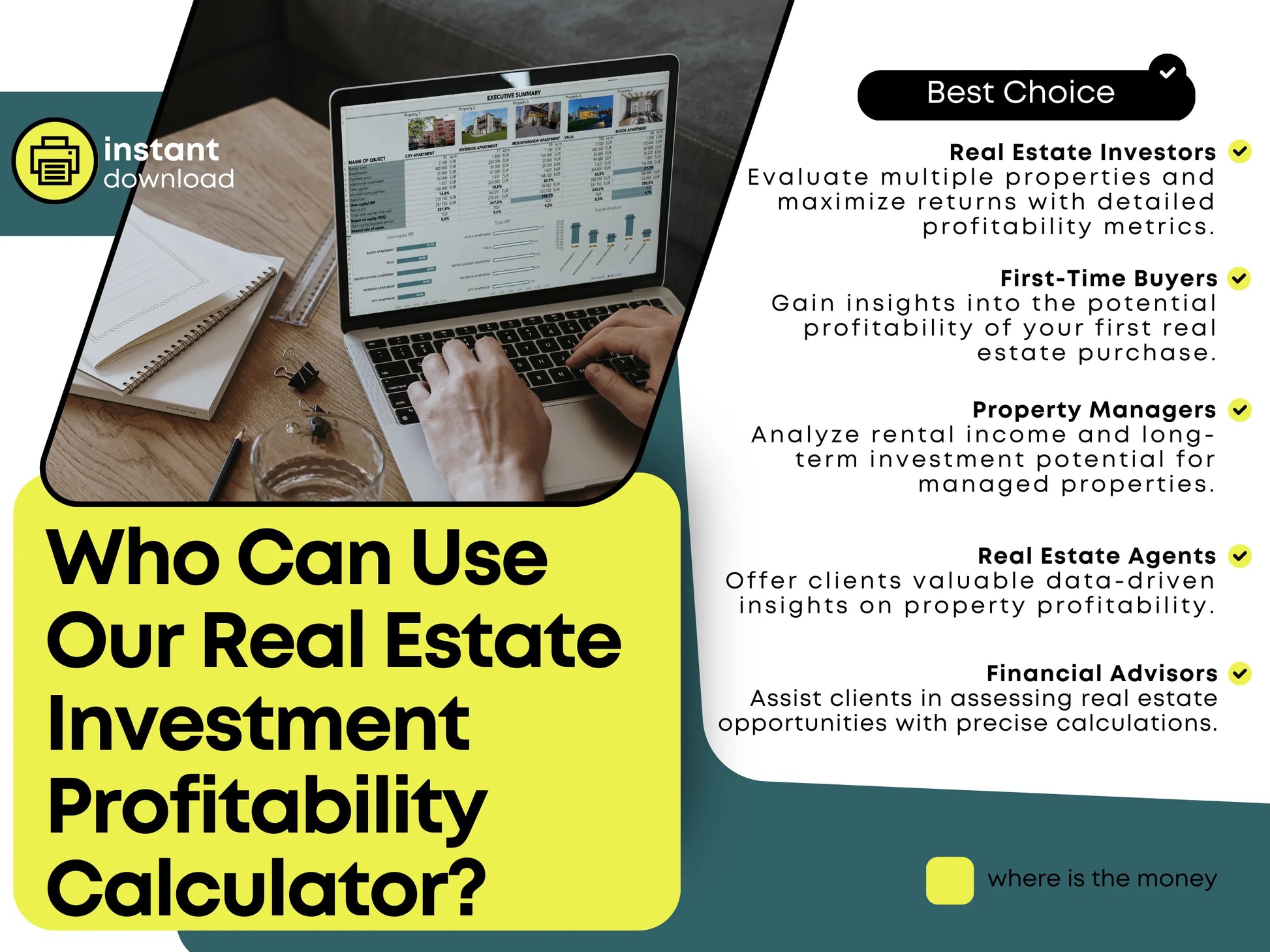 Real estate investment calculator suitable for investors, first-time homebuyers, property managers, real estate agents, and financial advisors.