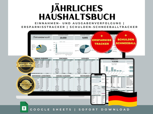 Jährliches Haushaltsbuch mit Sinking Funds & Snowball-Methode | Finanzplaner Budgetplaner Vorlage