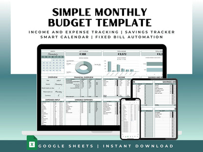 
Digital monthly budget planner in Google Sheets for 2024, 2025, and 2026. Features a clean dashboard to track income, expenses, and savings by month with interactive charts and automatic calculations.
