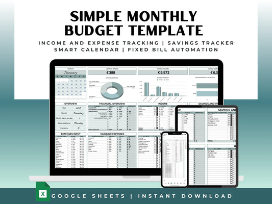 
Digital monthly budget planner in Google Sheets for 2024, 2025, and 2026. Features a clean dashboard to track income, expenses, and savings by month with interactive charts and automatic calculations.