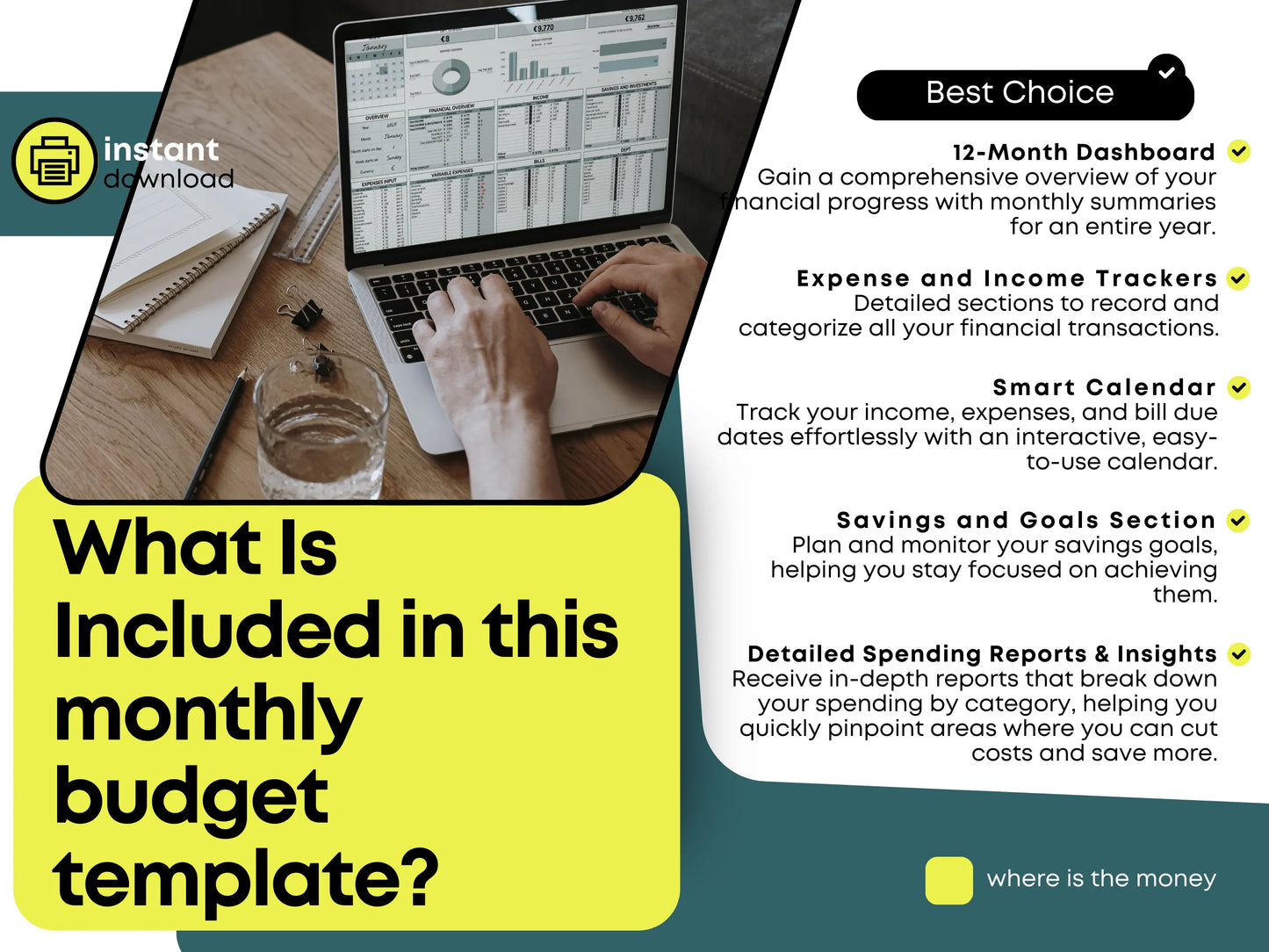 Savings and goals section with a 12-month financial dashboard in a Google Sheets budget planner. Includes detailed expense and income trackers, a smart calendar for bill due dates, and comprehensive spending reports to help optimize savings and manage finances effectively.