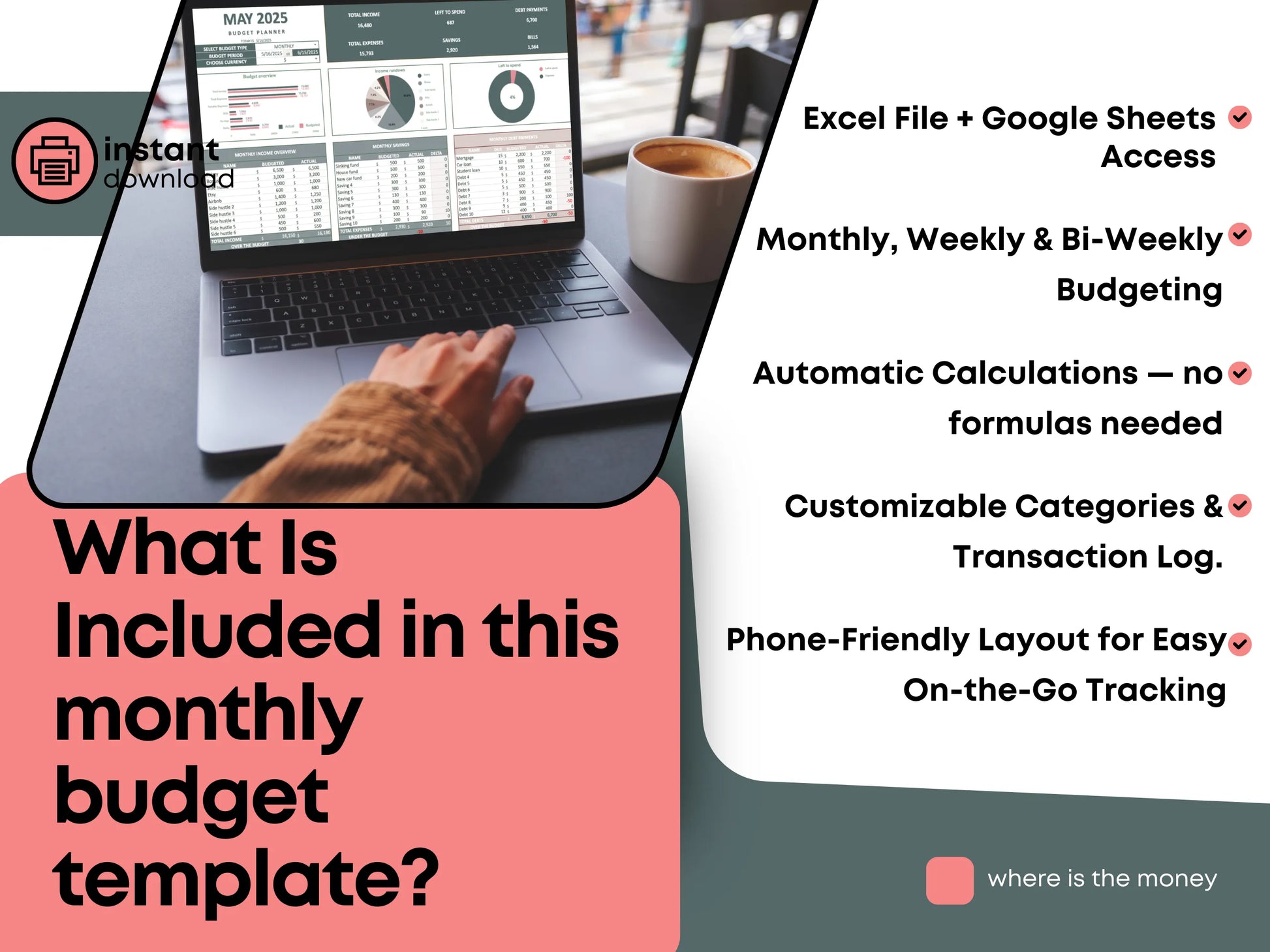 Includes Excel file and Google Sheets link with one-tab planner that can be copied for unlimited months.