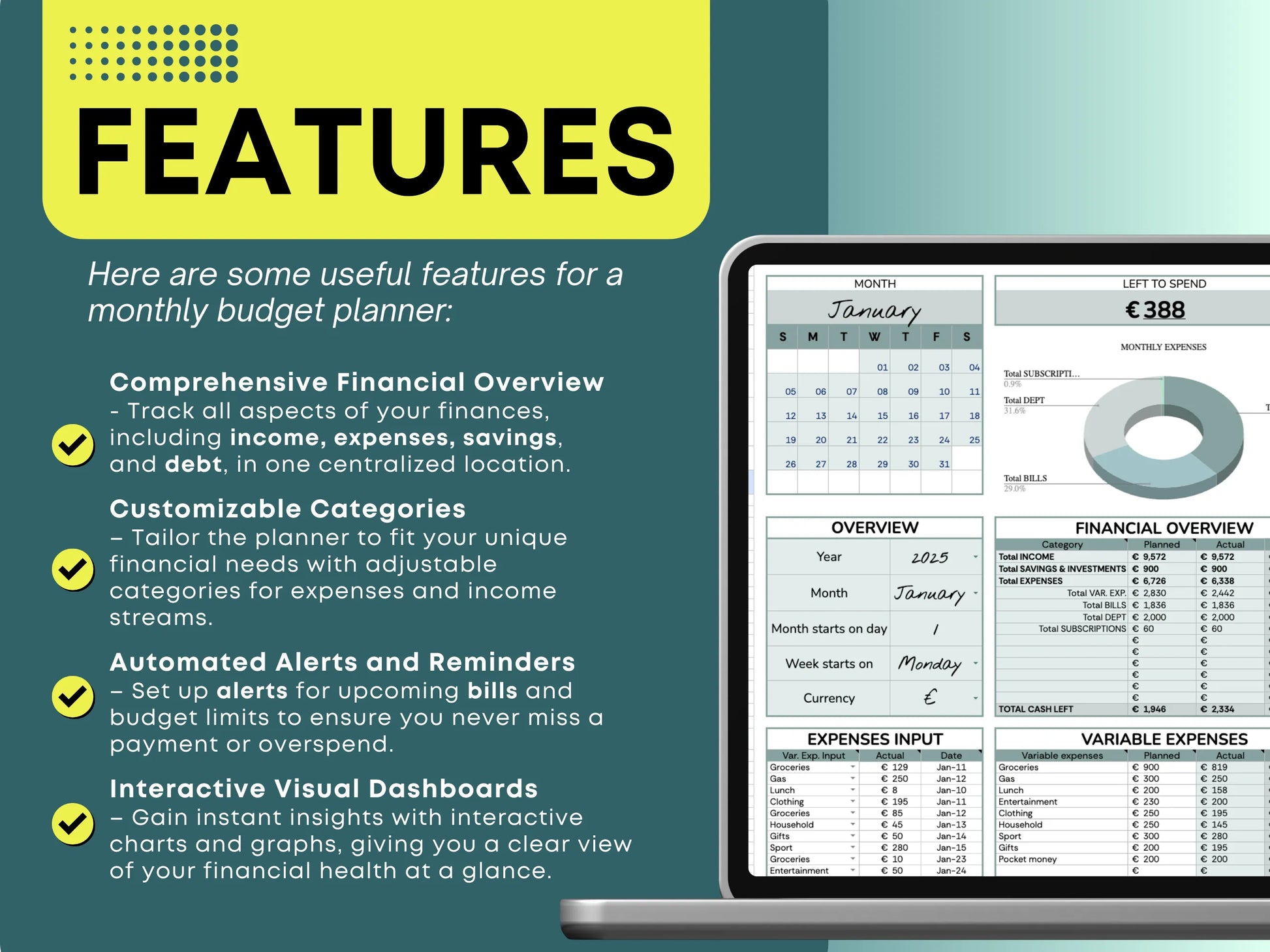 Comprehensive financial overview dashboard in Google Sheets budget planner showing income, expenses, savings, and debt tracking. Features customizable categories, automated bill alerts, and interactive visual charts for clear, real-time financial insights.