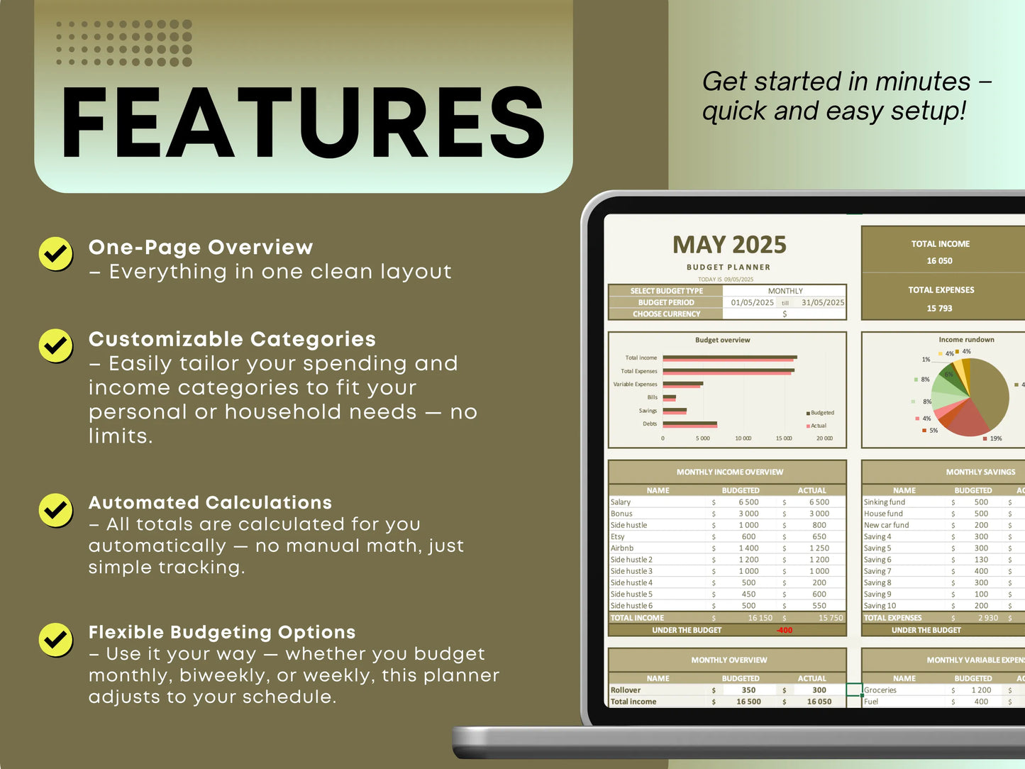 Includes Excel file and Google Sheets link with one-tab planner that can be copied for unlimited months.