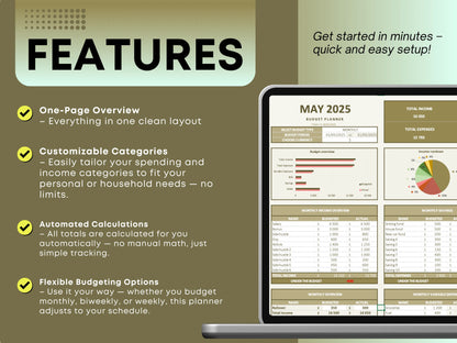 Includes Excel file and Google Sheets link with one-tab planner that can be copied for unlimited months.
