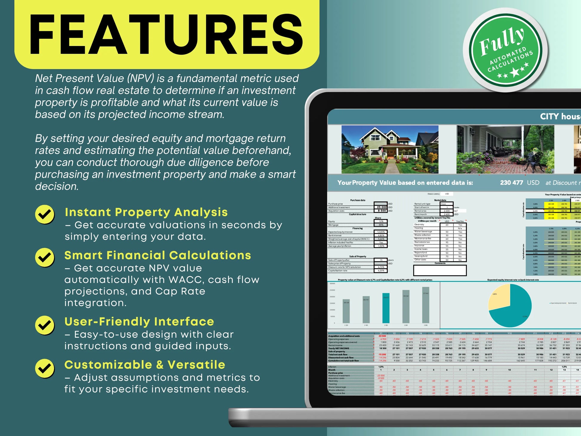 Real estate valuation tool features including instant property analysis, automatic NPV with WACC and Cap Rate, user-friendly interface, and customizable inputs.