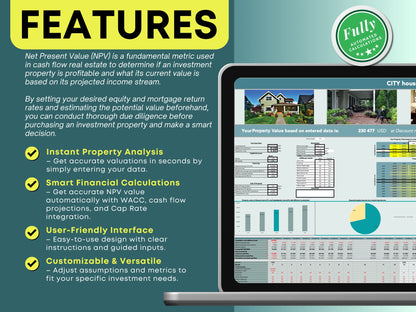 Real estate valuation tool features including instant property analysis, automatic NPV with WACC and Cap Rate, user-friendly interface, and customizable inputs.