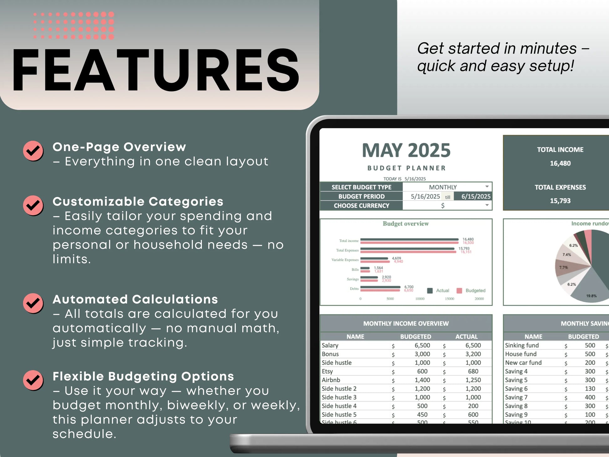 Track monthly, weekly, or bi-weekly budgets with auto-calculations and clear spending summaries.