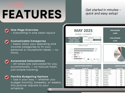 Track monthly, weekly, or bi-weekly budgets with auto-calculations and clear spending summaries.