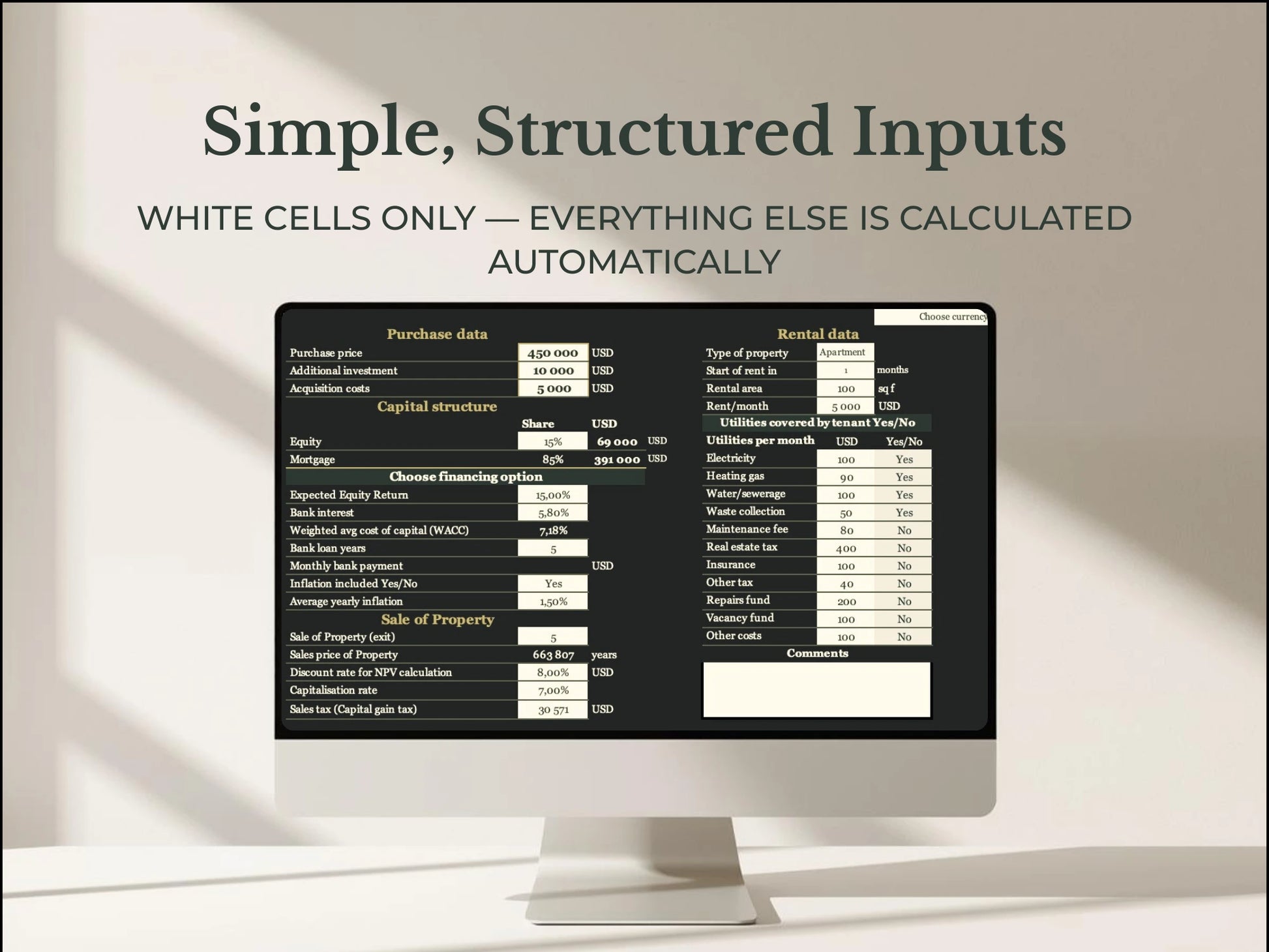 Structured real estate investment input fields Excel model