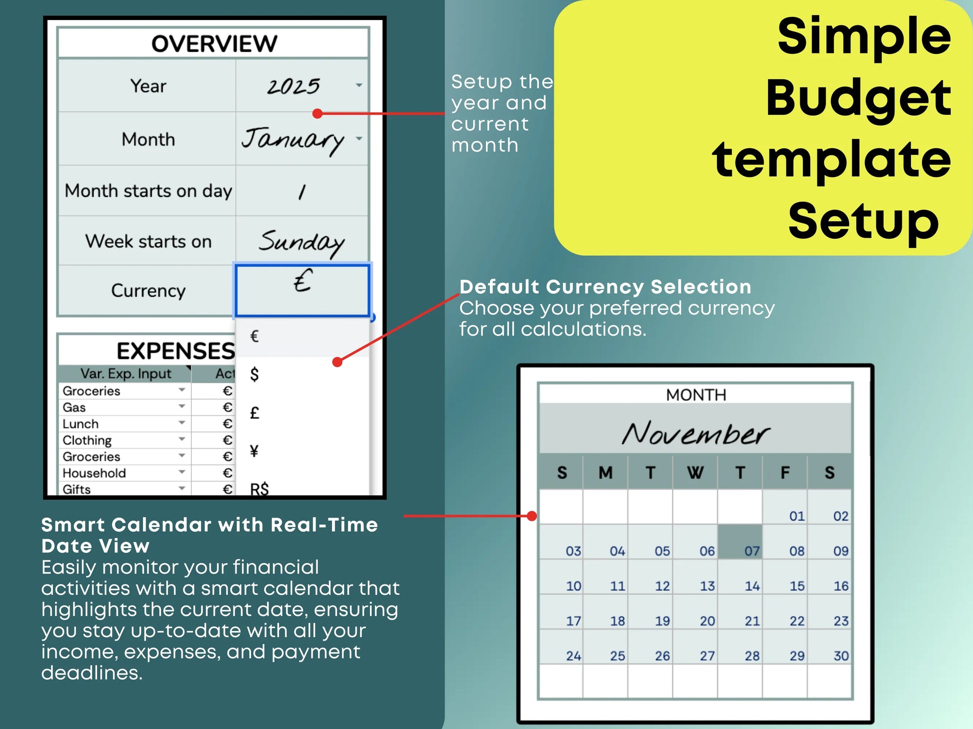 Budget planner Google Sheets feature showing default currency selection, smart calendar with real-time date view, and setup options for year and current month to help track income, expenses, and payment deadlines.