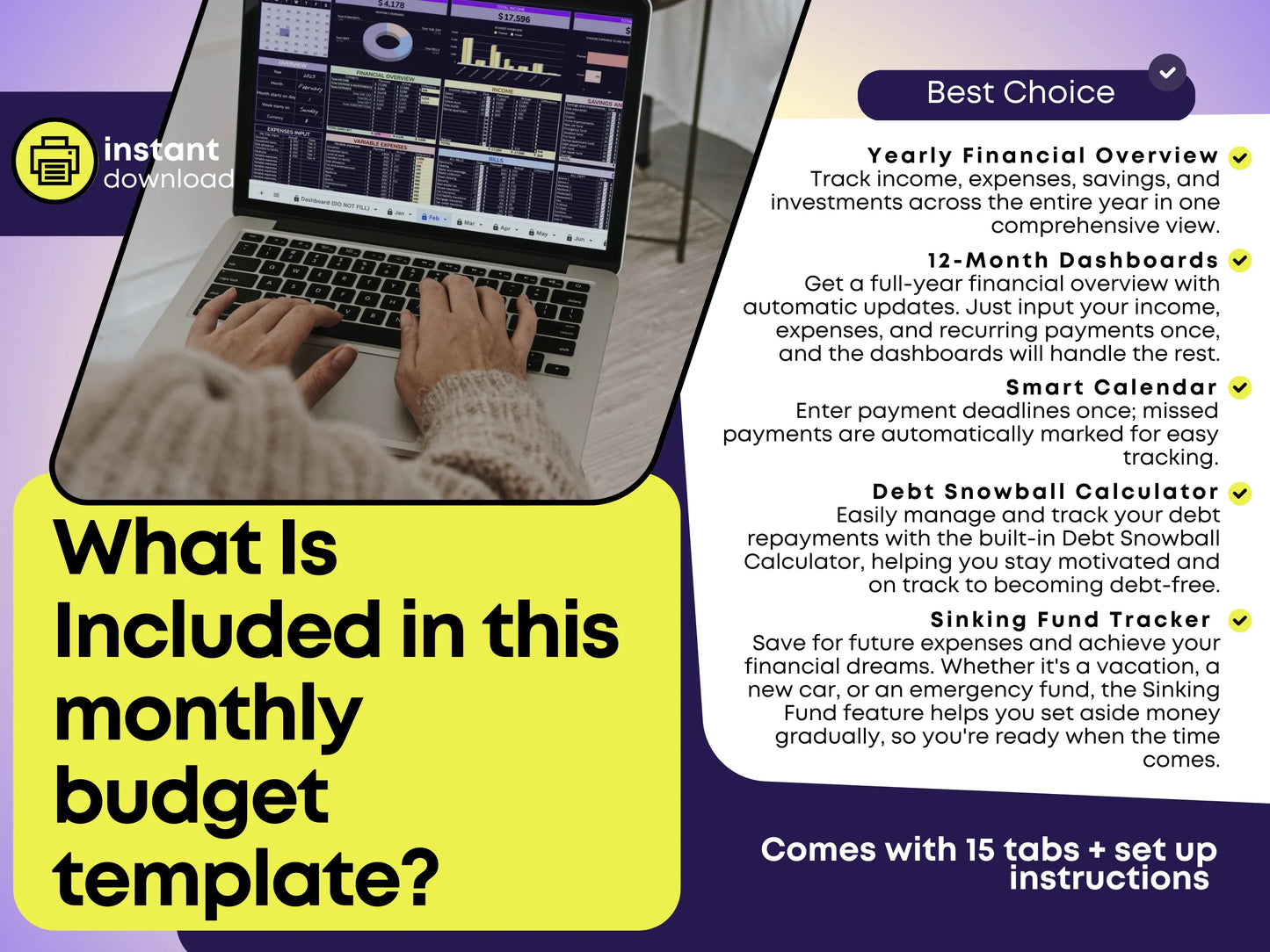 Ultimate Budget Planner in Google Sheets highlighting key features: built-in Debt Snowball Calculator for tracking repayments, yearly financial overview for income and expenses, 12-month auto-updating dashboards, smart payment calendar with deadline tracking, and a Sinking Fund Tracker to save for future goals like vacations or emergencies.