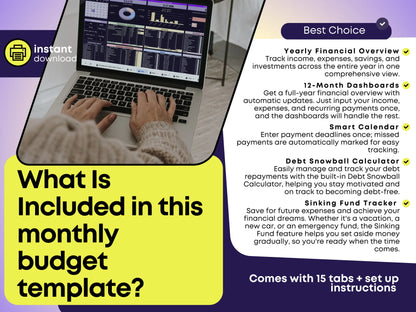 Ultimate Budget Planner in Google Sheets highlighting key features: built-in Debt Snowball Calculator for tracking repayments, yearly financial overview for income and expenses, 12-month auto-updating dashboards, smart payment calendar with deadline tracking, and a Sinking Fund Tracker to save for future goals like vacations or emergencies.