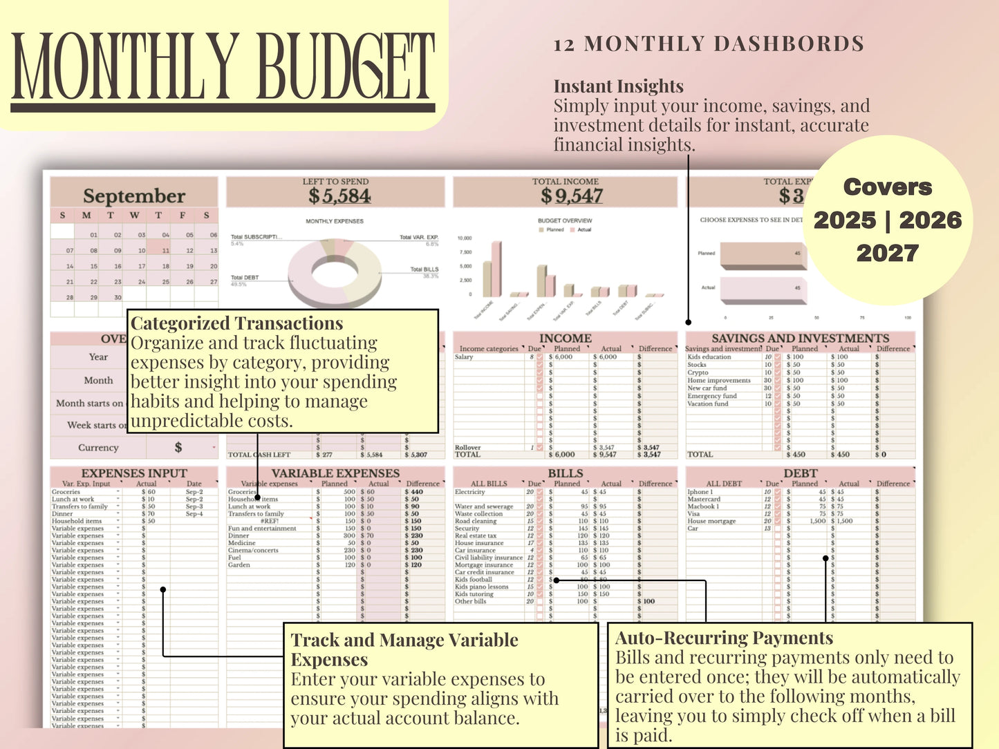 Monthly budget planner with financial tracking sections for 2025-2027.