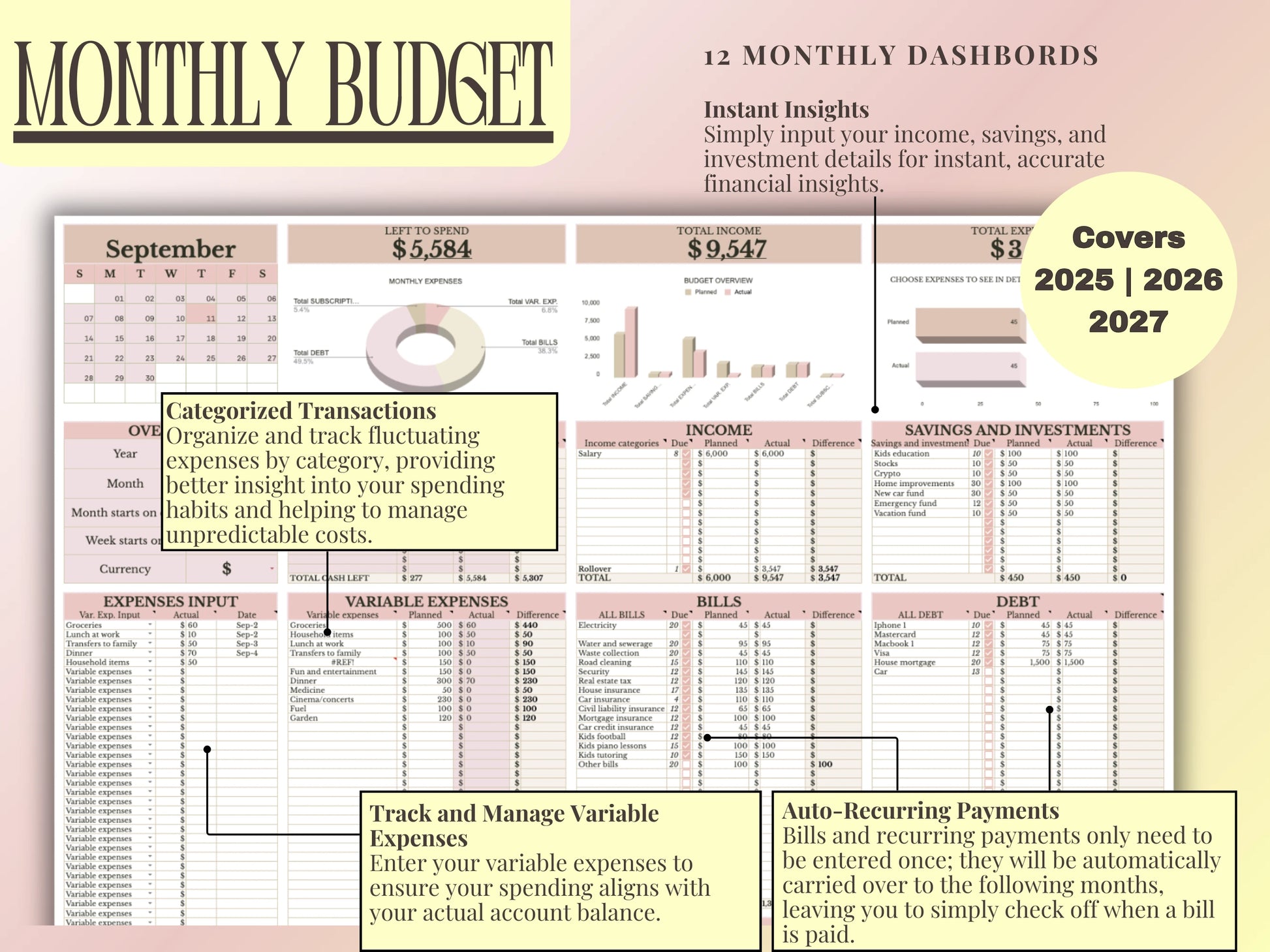 Monthly budget planner with financial tracking sections for 2025-2027.