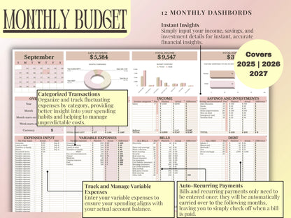 Monthly budget planner with financial tracking sections for 2025-2027.
