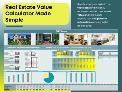 User-friendly real estate valuation tool interface where users enter data into white cells to instantly generate a detailed property value analysis powered by advanced financial calculations.