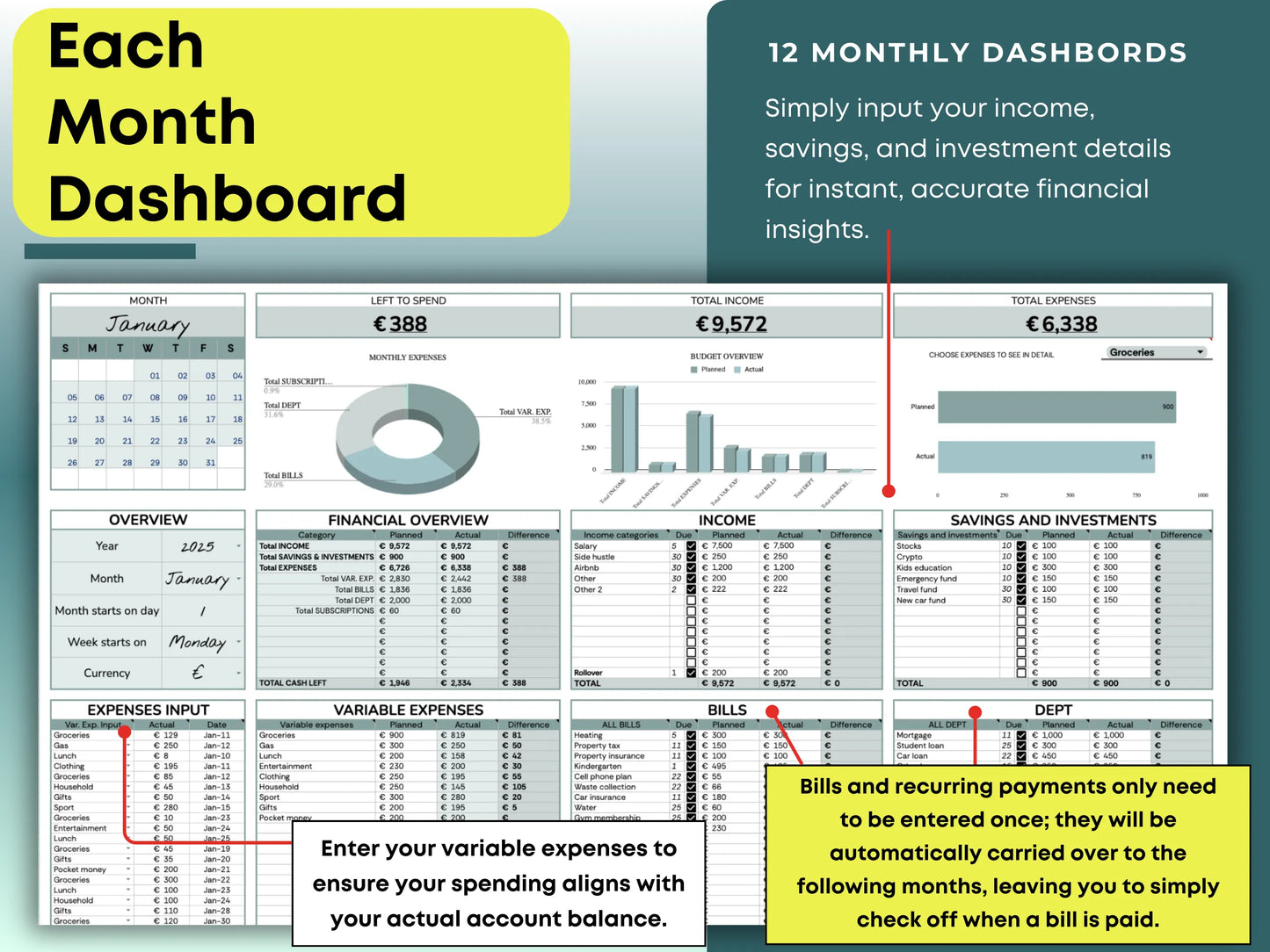 Budget planner in Google Sheets with auto-recurring payments feature that carries bills over monthly. Track variable expenses, and input income, savings, and investments for instant, accurate financial insights and easy payment tracking.