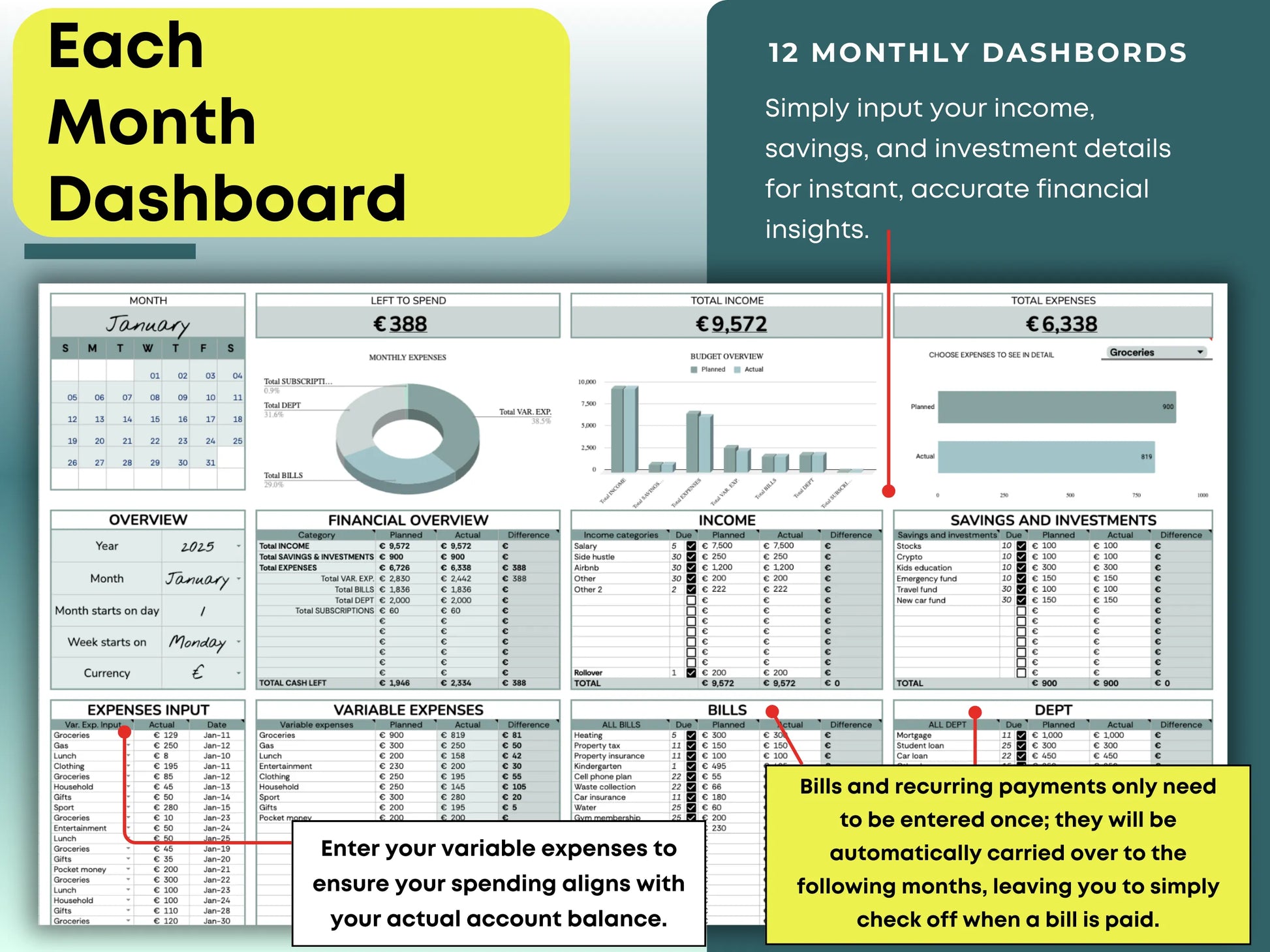 Budget planner in Google Sheets with auto-recurring payments feature that carries bills over monthly. Track variable expenses, and input income, savings, and investments for instant, accurate financial insights and easy payment tracking.