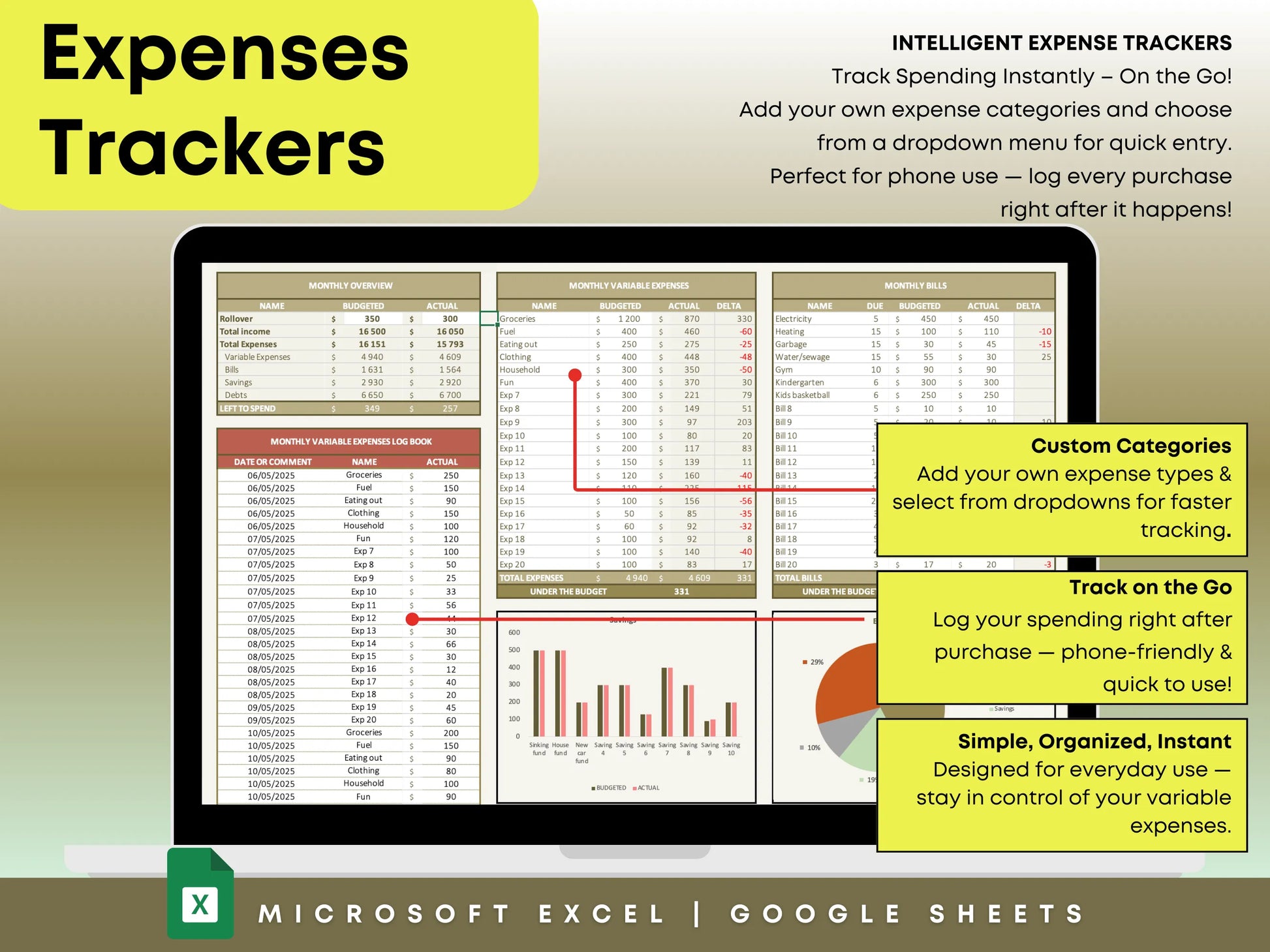 Easy-to-use transaction log with dropdown categories for tracking spending on the go.