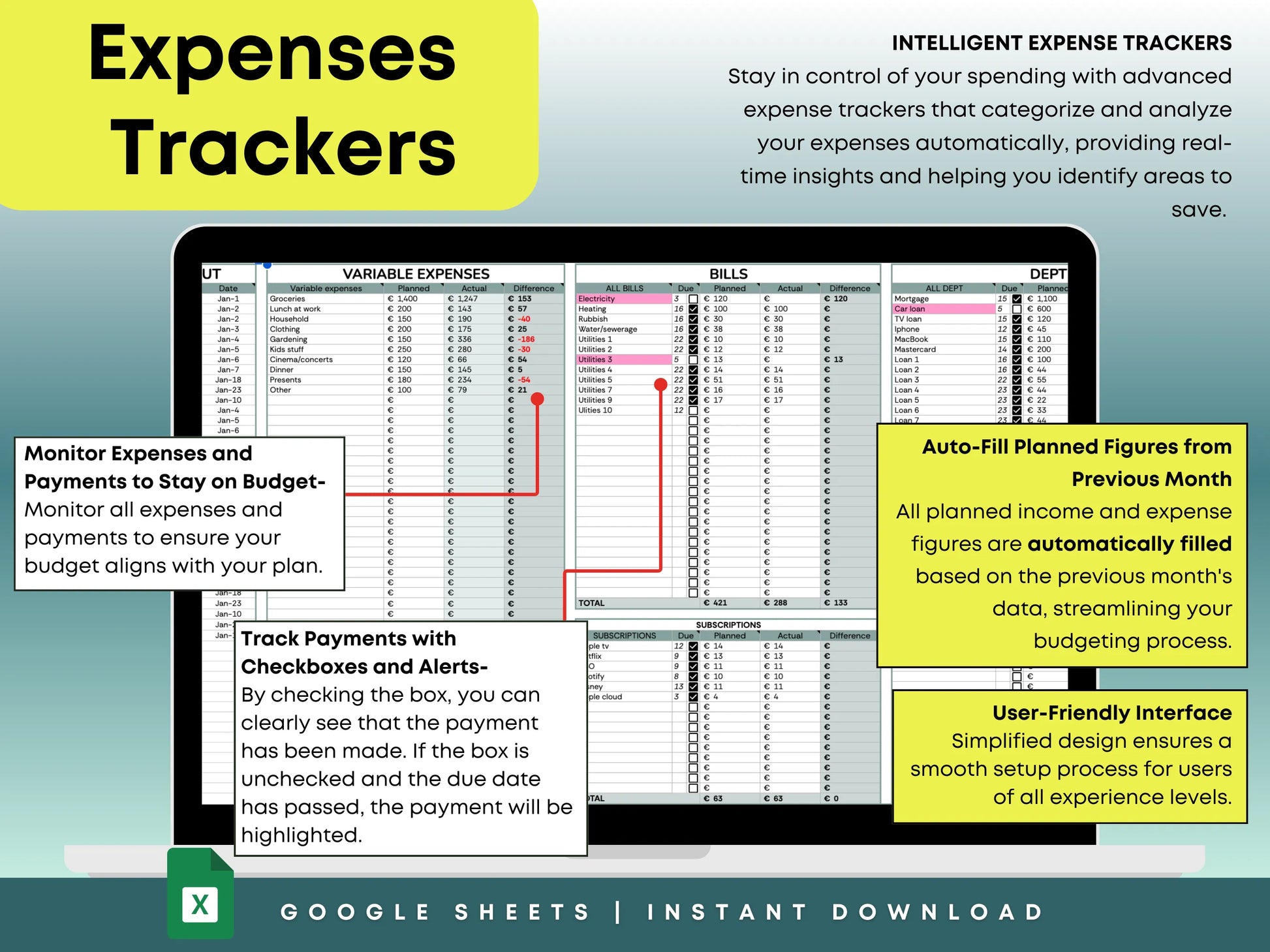 Budget planner in Google Sheets with auto-fill for planned income and expenses from the previous month. Features expense and payment monitoring, checkbox tracking with alerts for overdue bills, and a user-friendly interface for easy budgeting.