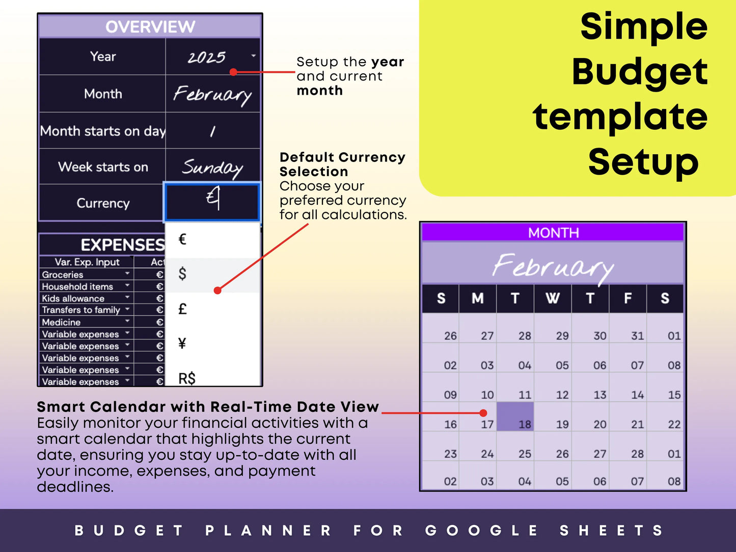 Google Sheets budget planner setup screen featuring default currency selection and a smart calendar with real-time date view. Helps users monitor income, expenses, and payment deadlines with an easy-to-navigate, up-to-date interface.