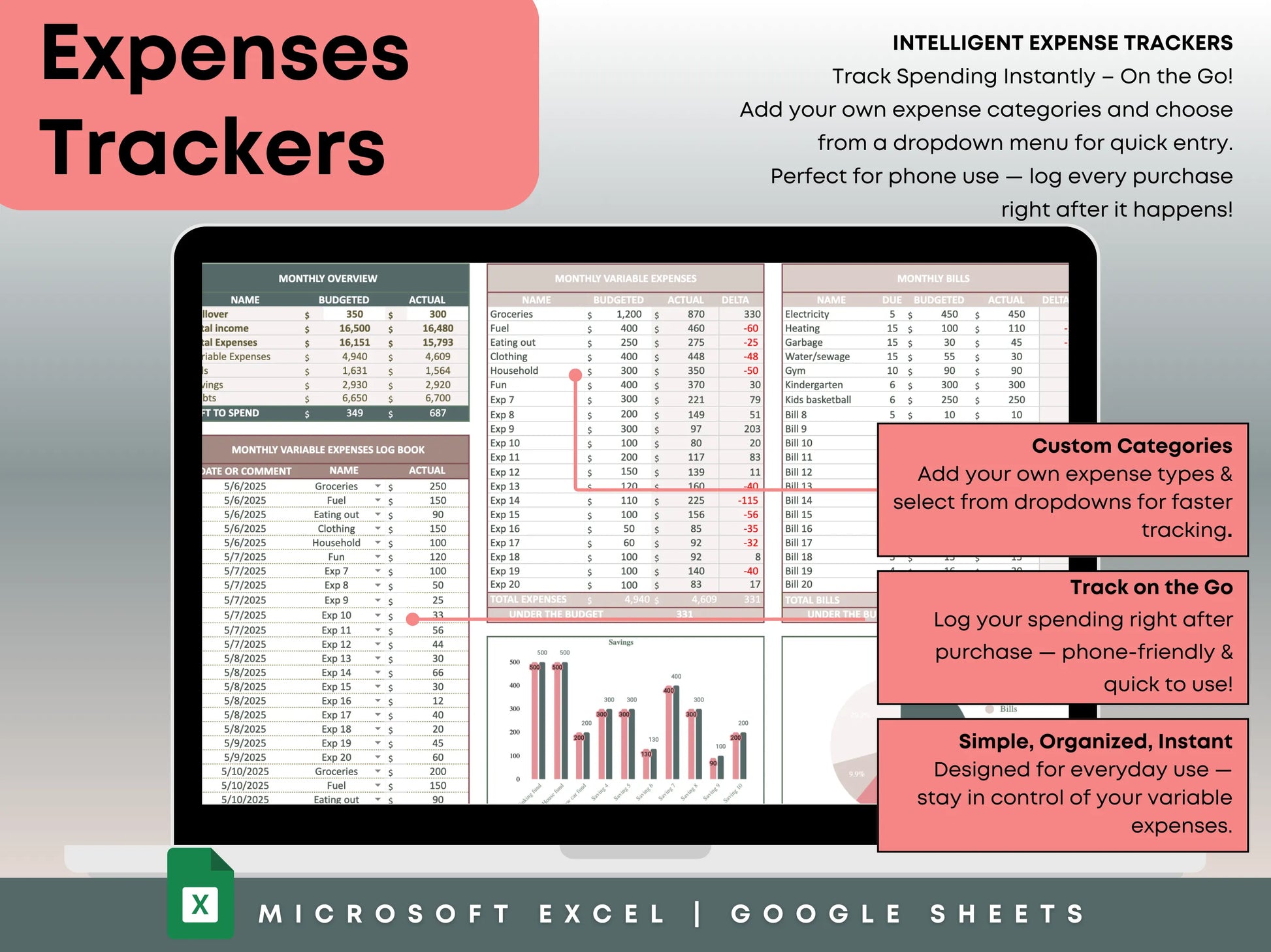 Easy-to-use transaction log with dropdown categories for tracking spending on the go.