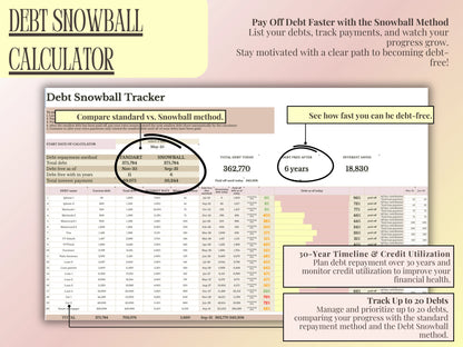 Debt snowball calculator with tracking chart and text on a pink background