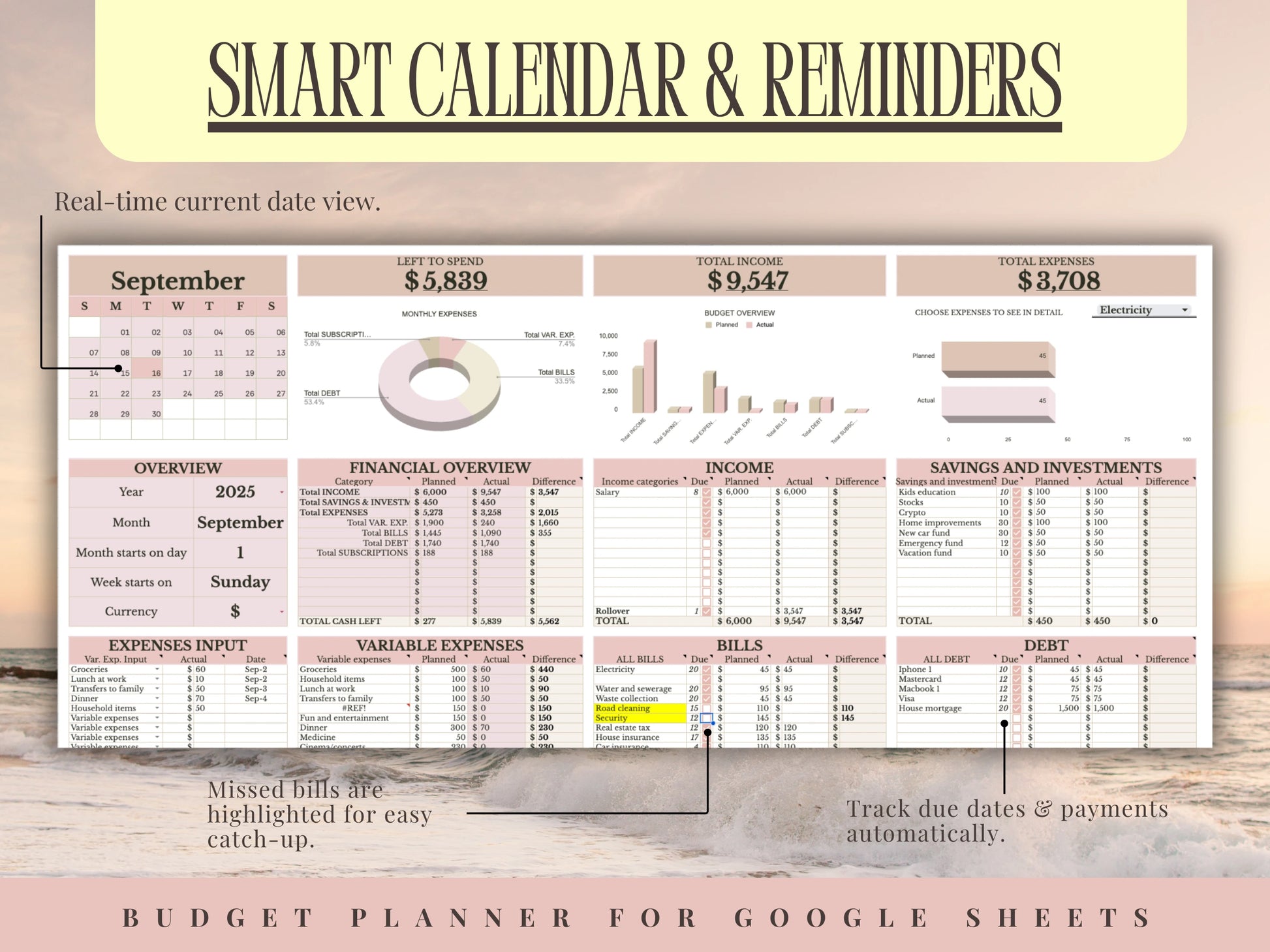 Budget planner for Google Sheets with calendar and financial data.