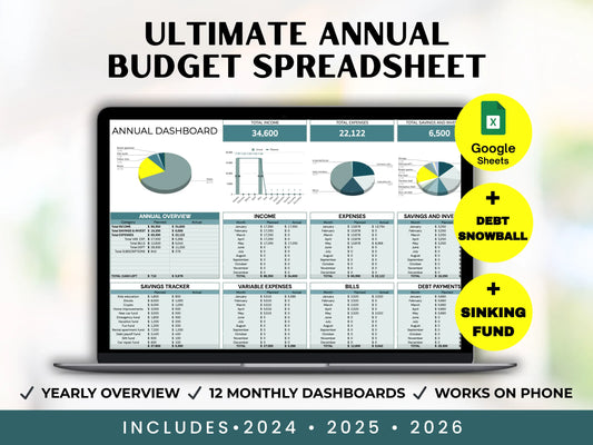 Ultimate Annual Budget + Debt Snowball + Sinking Fund Template