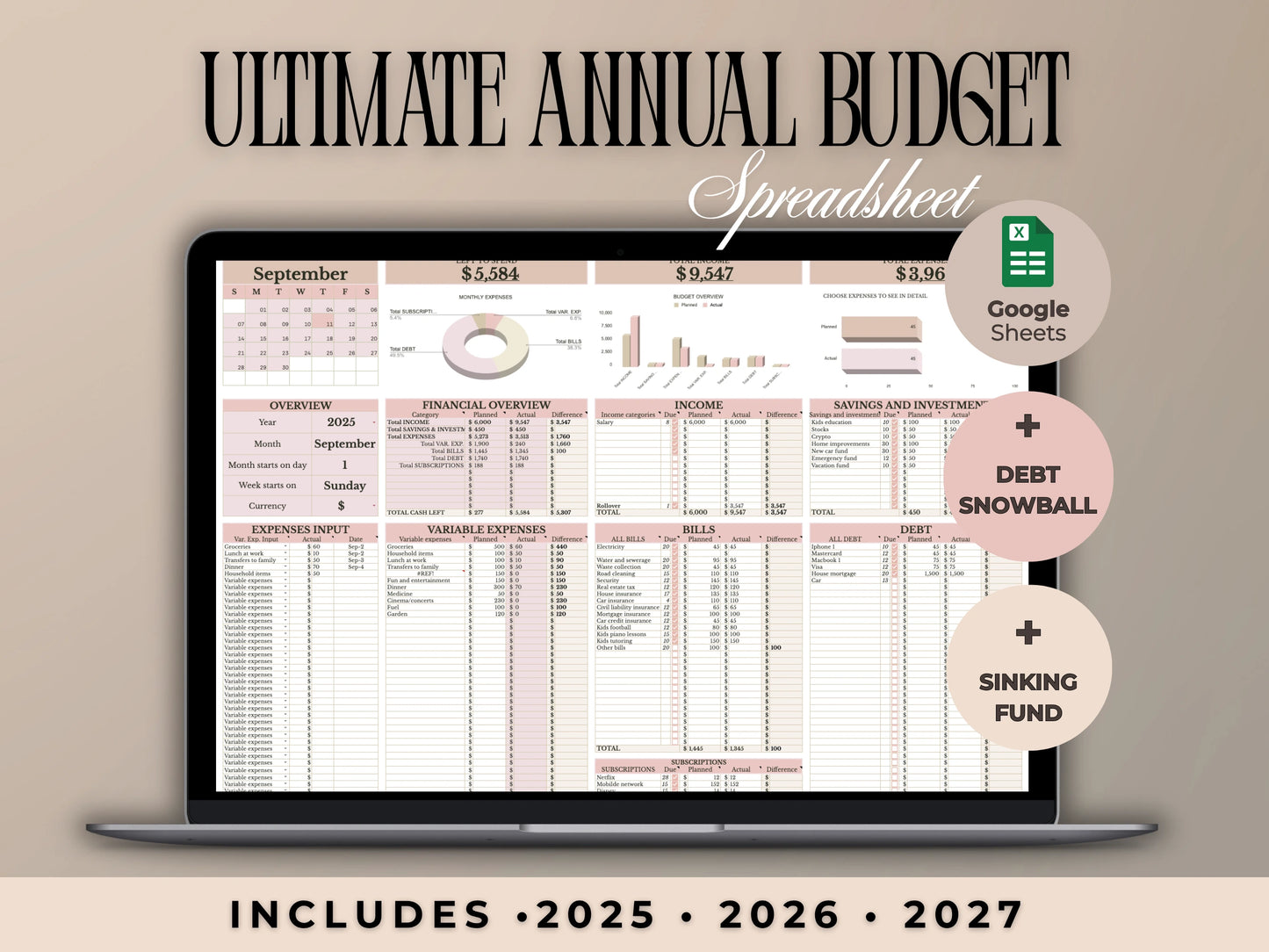 Powder Pink Budget Planner | Sinking Fund & Debt Snowball Calculator